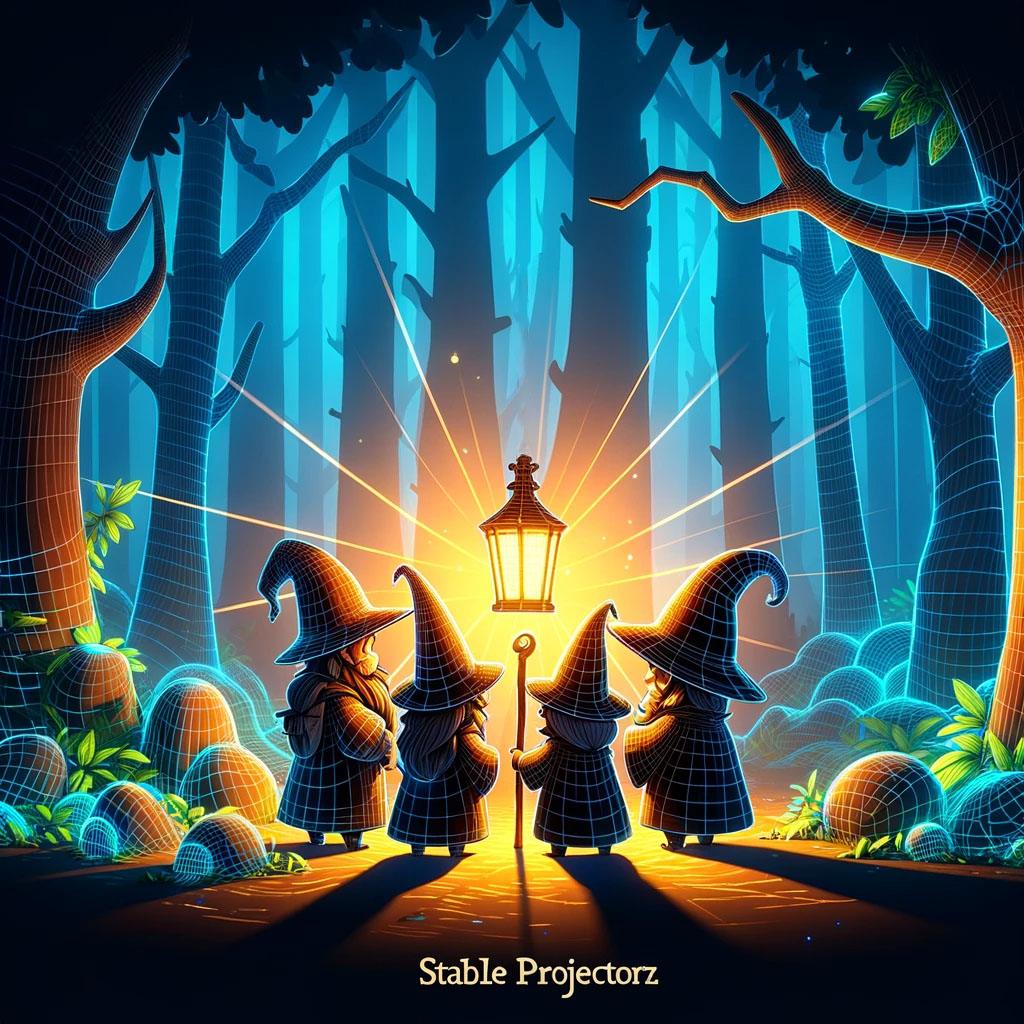 four wizard friends standing around a glowing lantern. Illustration for the Stable Projectorz Support website
