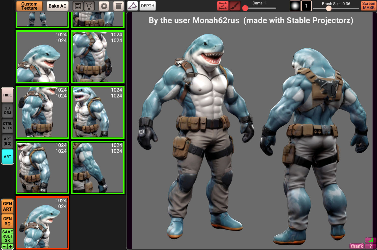 A shark first person character, created in Stable Projectorz texturing program.
