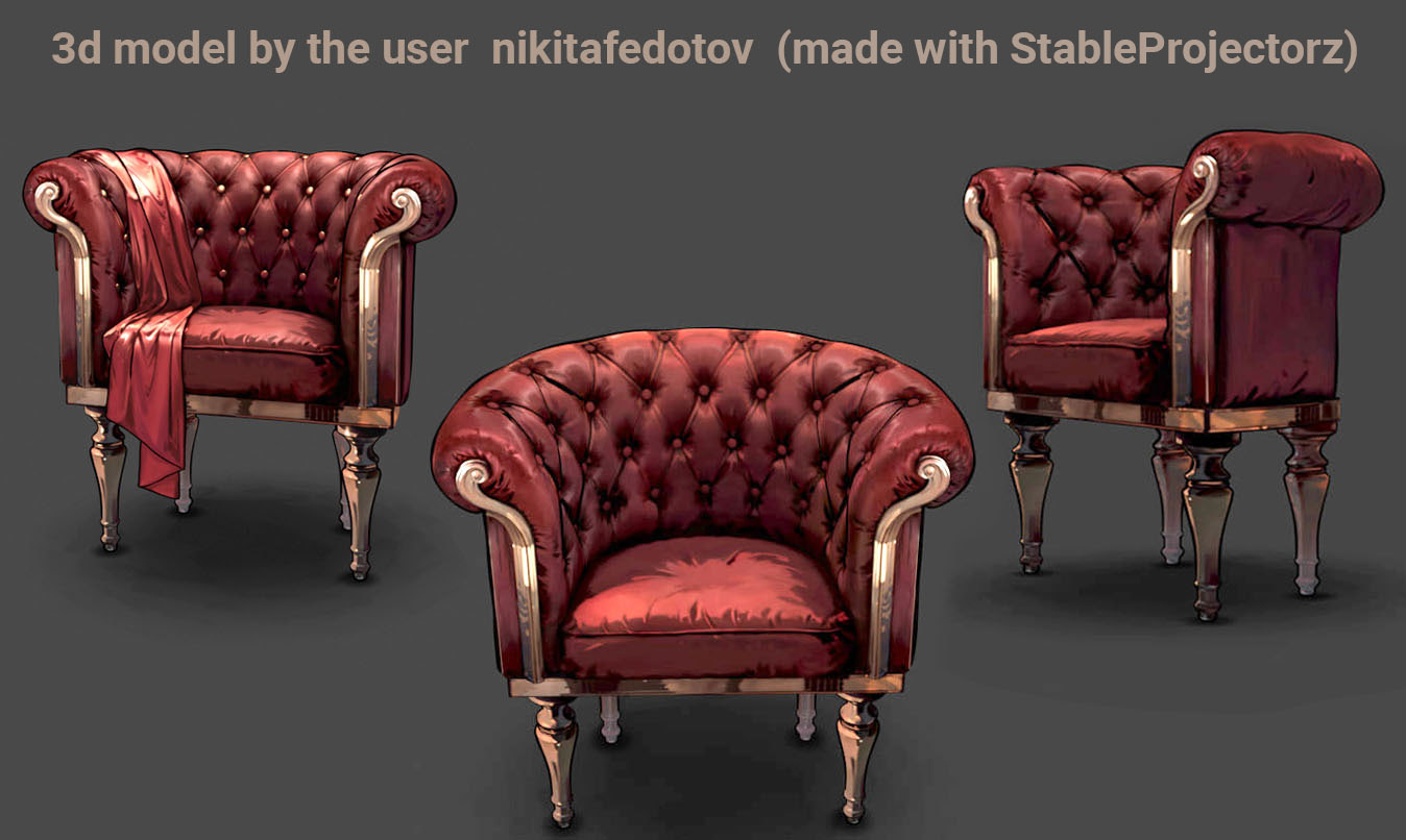 a 3d chair model, textured by one of users of StableProjectorz (AI texturing tool)