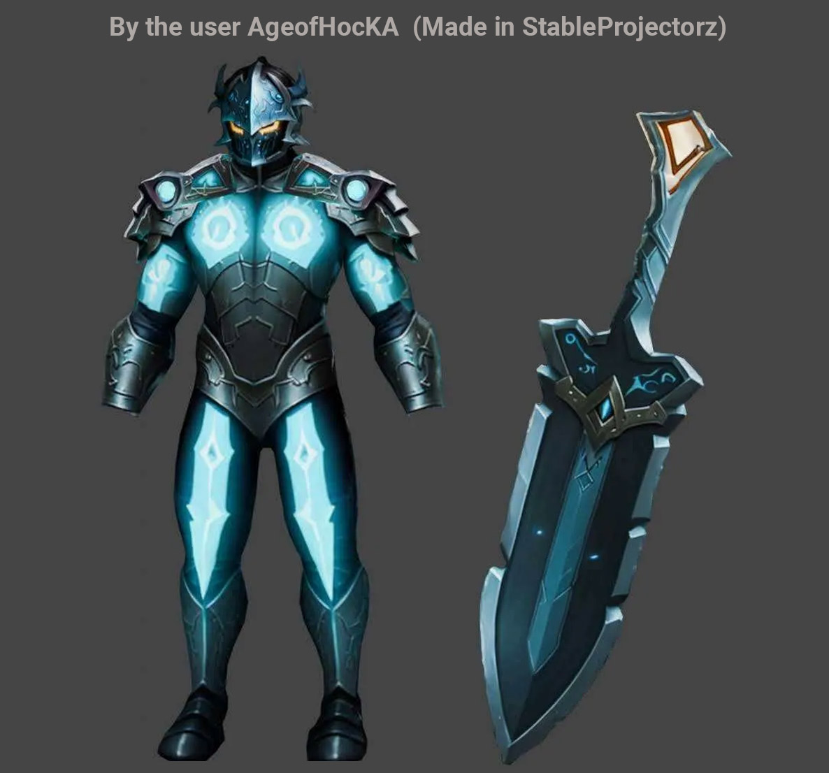 A magical knight character in glowing armor and his sword, generated in Texturing program StableProjectorz powered by the AI