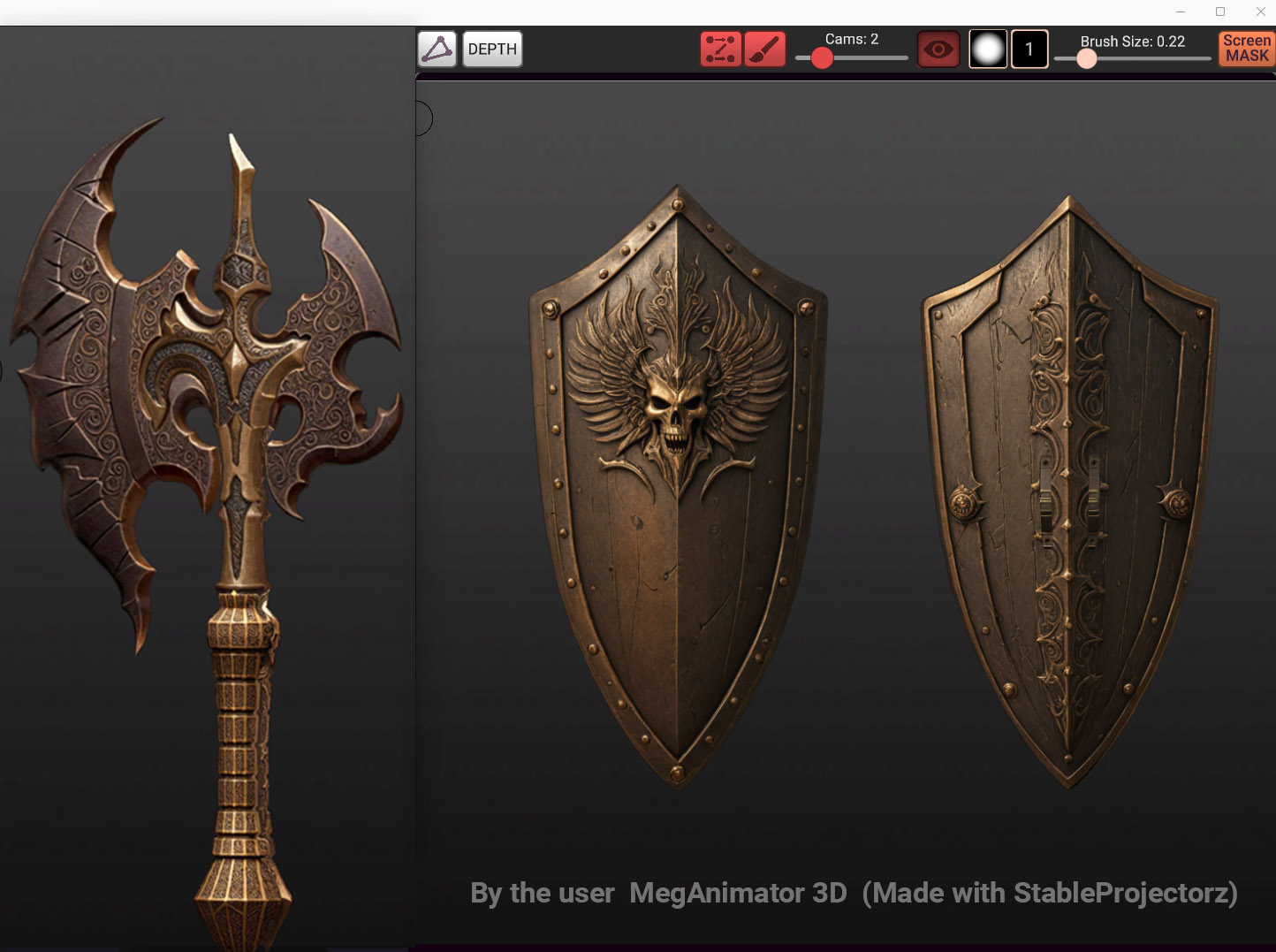 war axe and shied game equipment, textured with StableProjectorz AI tool