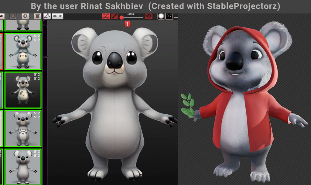 Cute 3d koala character created in StableProjectorz ai texturing program