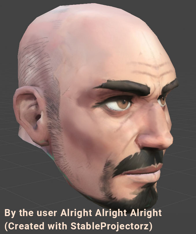 Detailed character head textured in stableprojecorz (stable diffusion powered software)