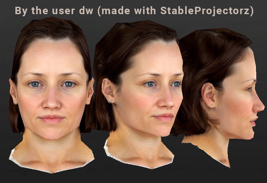 a woman character head textured with the StableProjectorz AI 3D texturing tool